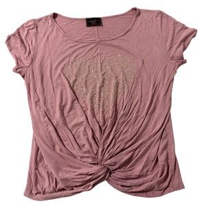 AMANA Dusty Rose Rhinestone Heart Twist Front Knot T-Shirt Med Pink Short Sleeve